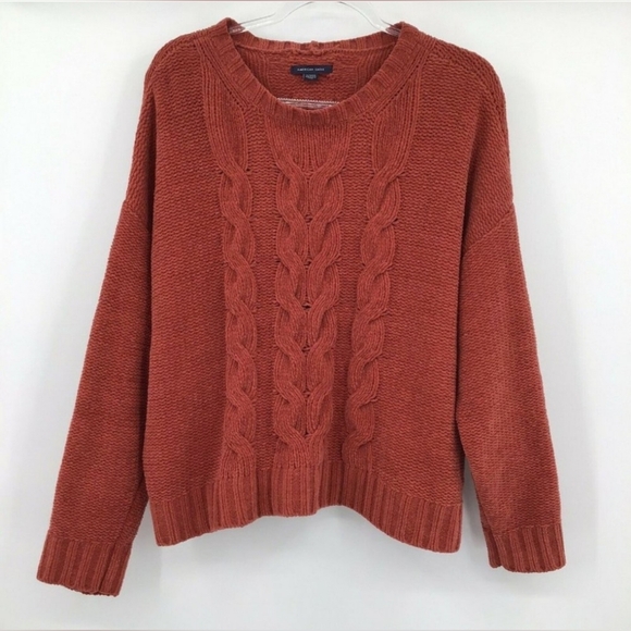 American Eagle XL Chunky Chenille Cable Knit Sweater Rust Orange 8162 - Picture 3 of 8